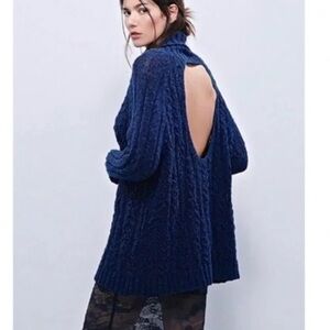 Free People Navy Oversized Cableknit Cowl Neck Open Back Sweater